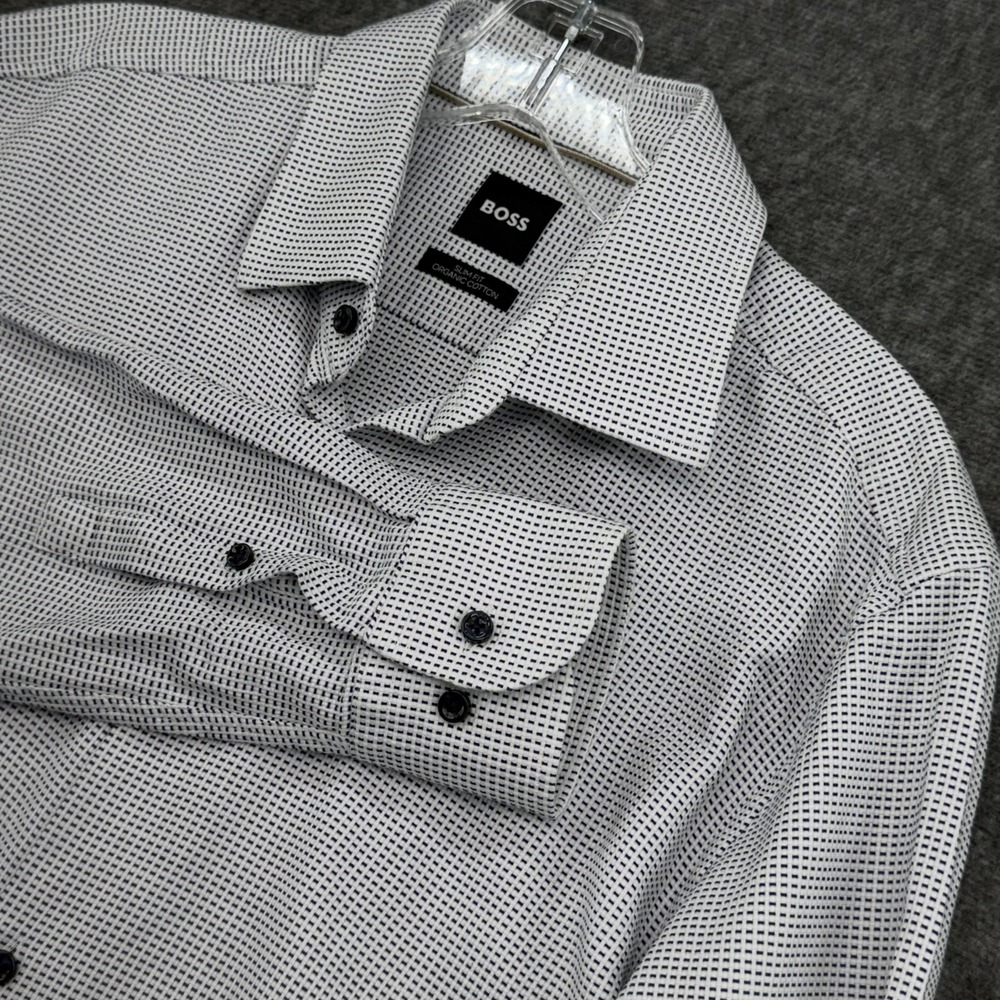 BOSS Hugo Boss Dress Shirt Mens 41 L Slim Fit White Navy Dot Organic Cotton